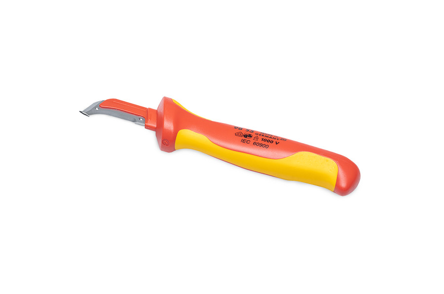 Cuchillo de despiece con zapata deslizante para abrir una funda de venda de tubo.
